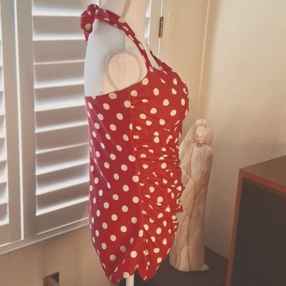 🏊👙Esther Williams Vintage Red Polka Dot  Rusched Front Drape Swimsuit Size 16 - Picture 5 of 9